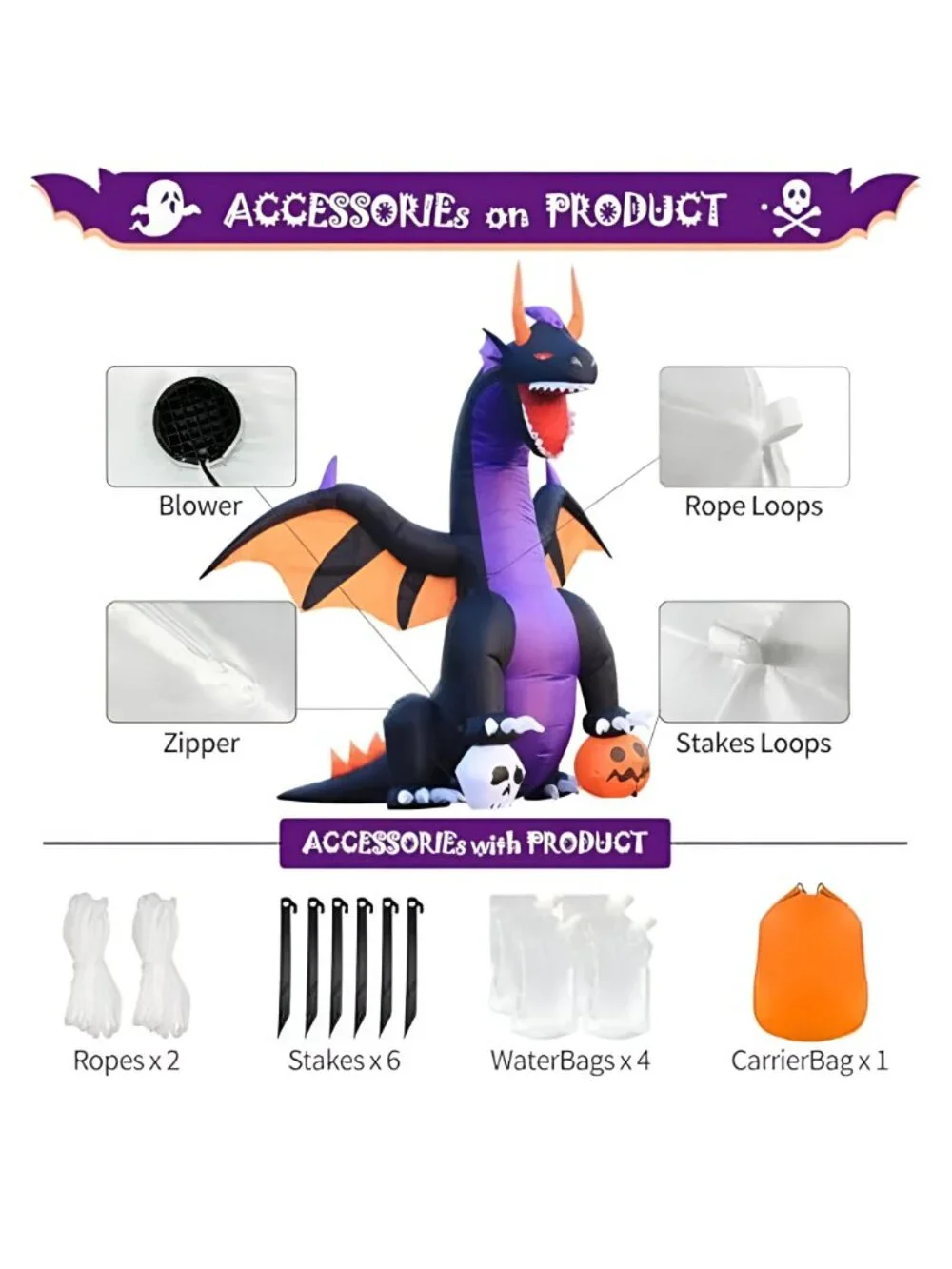 7 FT Halloween Inflatable Dragon Steps on Pumpkin & Skull Yard
